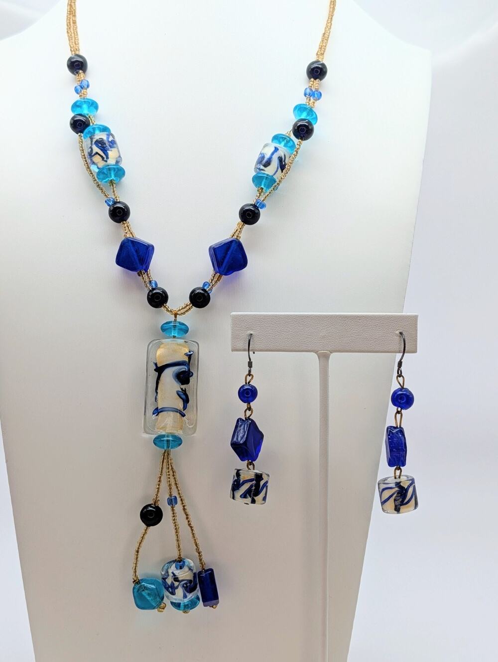 Vintage Blue / Gold Tone Lampwork Glass Necklace And Earring Set 925 Earwires